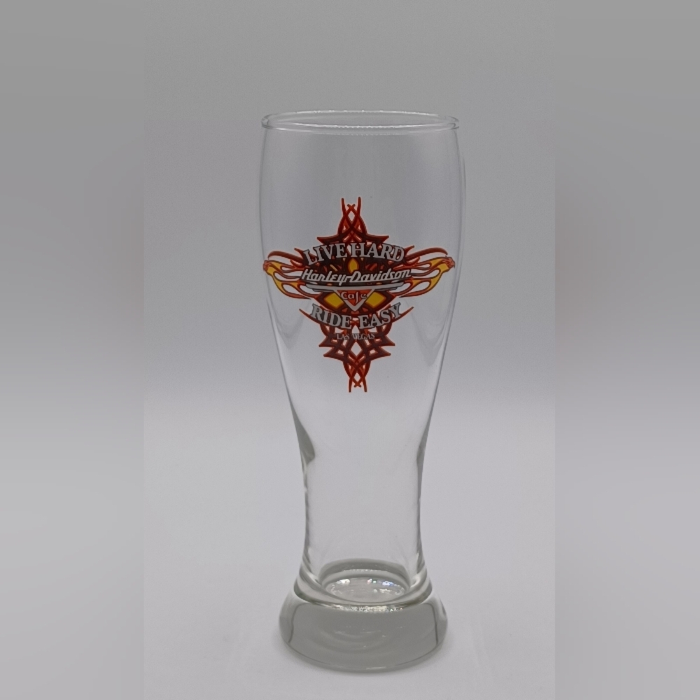 VTG Harley Davidson Cafe Las Vegas Live Hard Ride Easy Pilsner Beer Glass 9"Tall